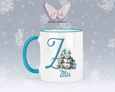 Schneemann Türkis-Alphabet mit Name - Personalisierte Keramik-Tasse Hellblau 2