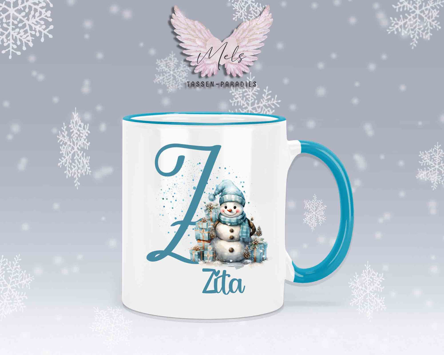 Schneemann Türkis-Alphabet mit Name - Personalisierte Keramik-Tasse Hellblau 2