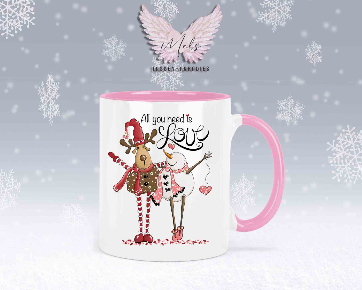 Tasse mit süßem Paar-Schneefrau und Hirsch – mit oder ohne Wunschname