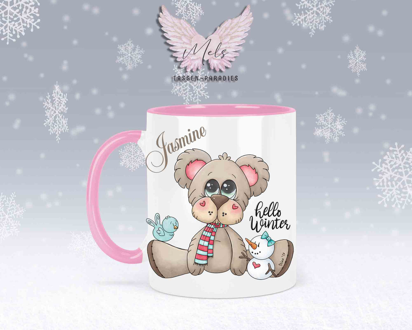 Tasse mit süßen Teddy Hello Winter– mit oder ohne Wunschname
