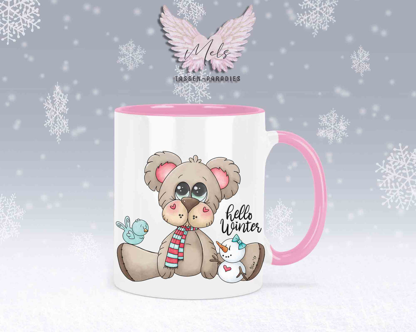 Tasse mit süßen Teddy Hello Winter– mit oder ohne Wunschname