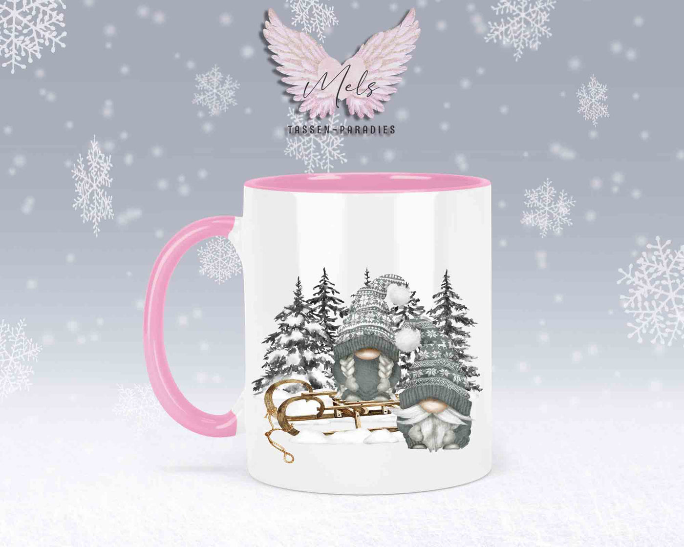 Tasse mit Wichtel und Schlitten – mit oder ohne Wunschname