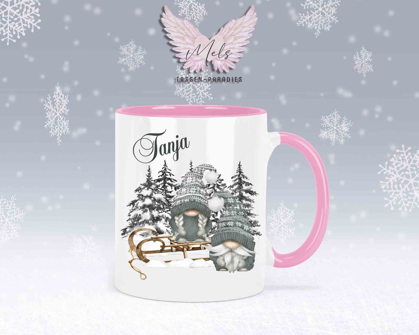 Tasse mit Wichtel und Schlitten – mit oder ohne Wunschname