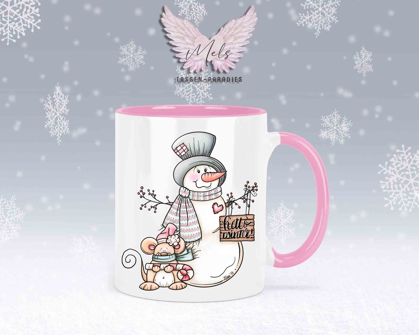 Tasse mit Schneemann und süßer Maus – mit oder ohne Wunschname