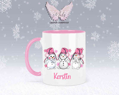 Tasse mit süßen Schneemänner mit rosa Mütze– mit oder ohne Wunschname