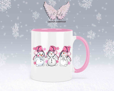 Tasse mit süßen Schneemänner mit rosa Mütze– mit oder ohne Wunschname