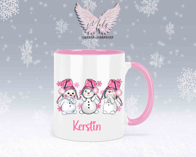 Tasse mit süßen Schneemänner mit rosa Mütze– mit oder ohne Wunschname