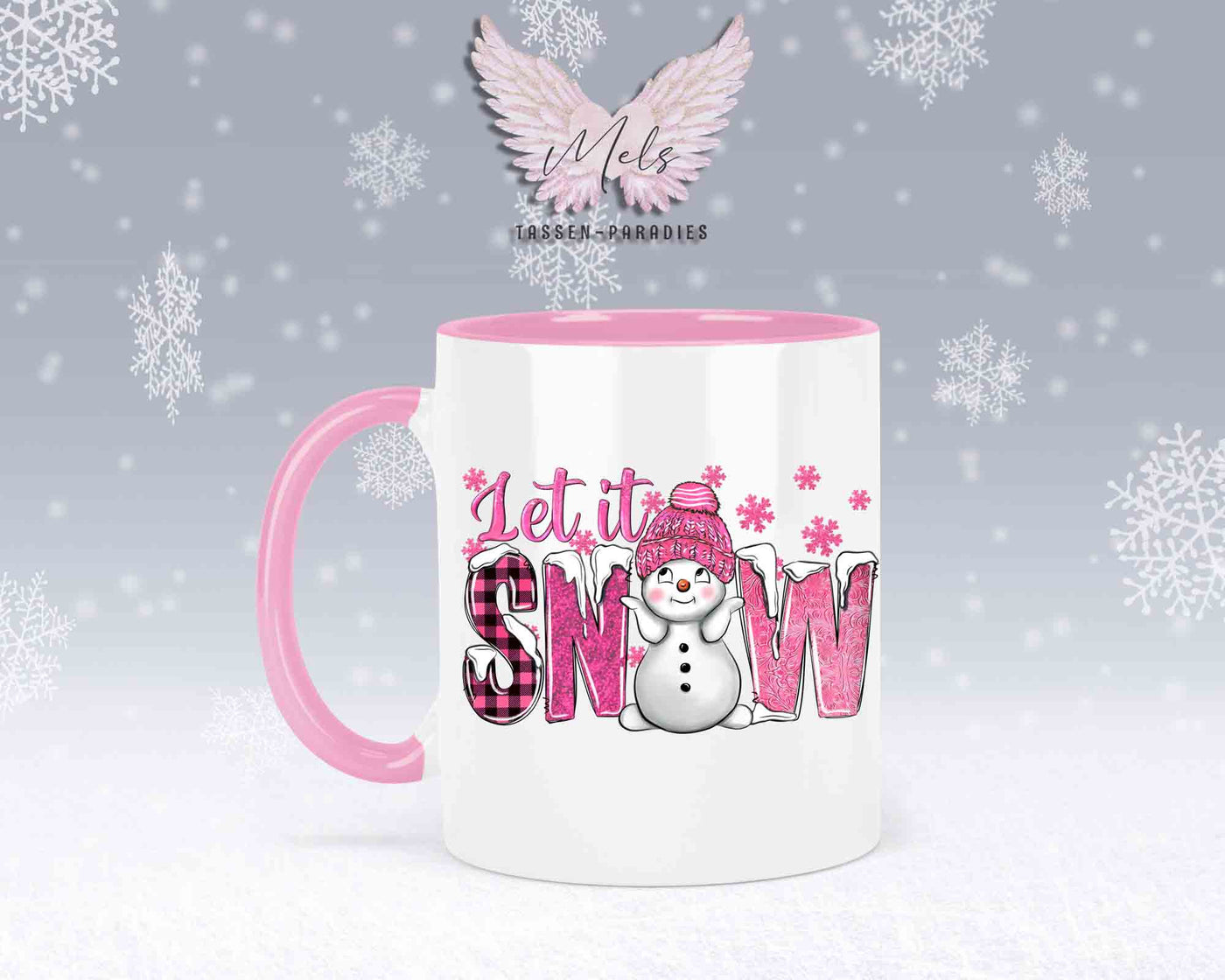 Tasse mit süßen Schneemann Lets Snow Rosa– mit oder ohne Wunschname