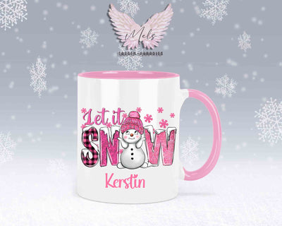 Tasse mit süßen Schneemann Lets Snow Rosa– mit oder ohne Wunschname