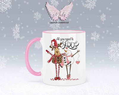 Tasse mit süßem Paar-Schneefrau und Hirsch – mit oder ohne Wunschname