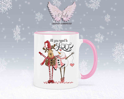 Tasse mit süßem Paar-Schneefrau und Hirsch – mit oder ohne Wunschname