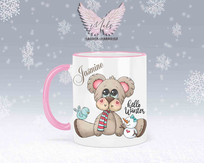 Tasse mit süßen Teddy Hello Winter– mit oder ohne Wunschname