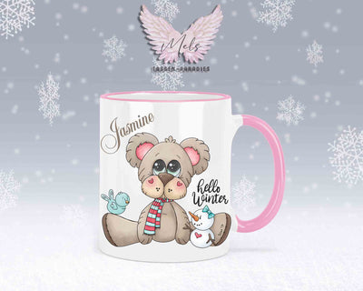 Tasse mit süßen Teddy Hello Winter– mit oder ohne Wunschname