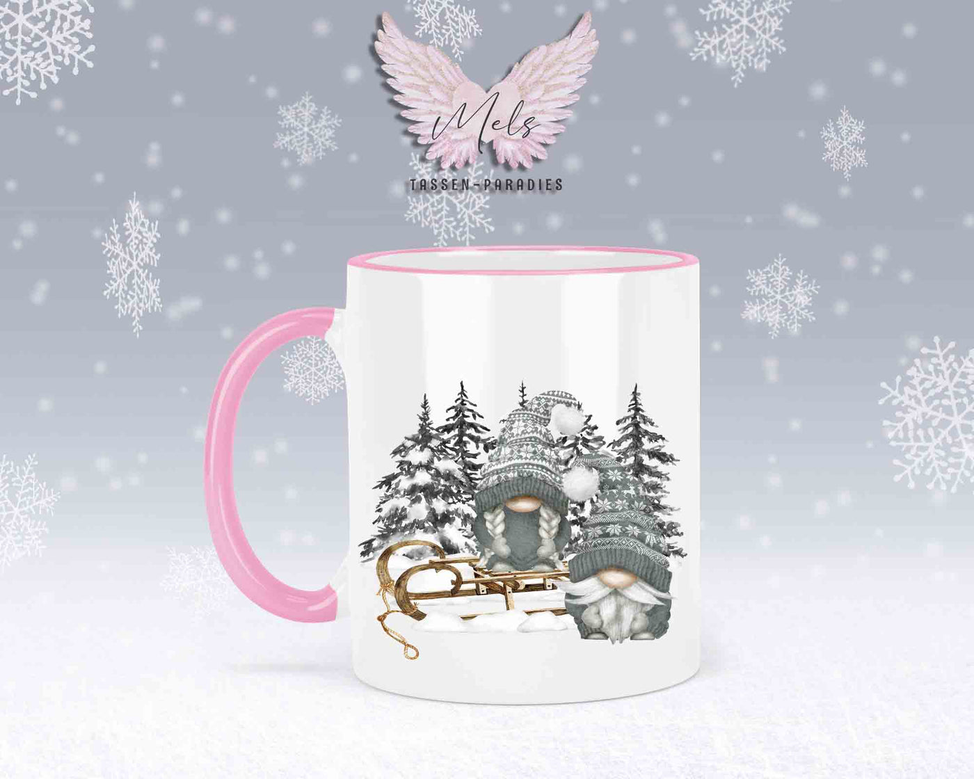 Tasse mit Wichtel und Schlitten – mit oder ohne Wunschname