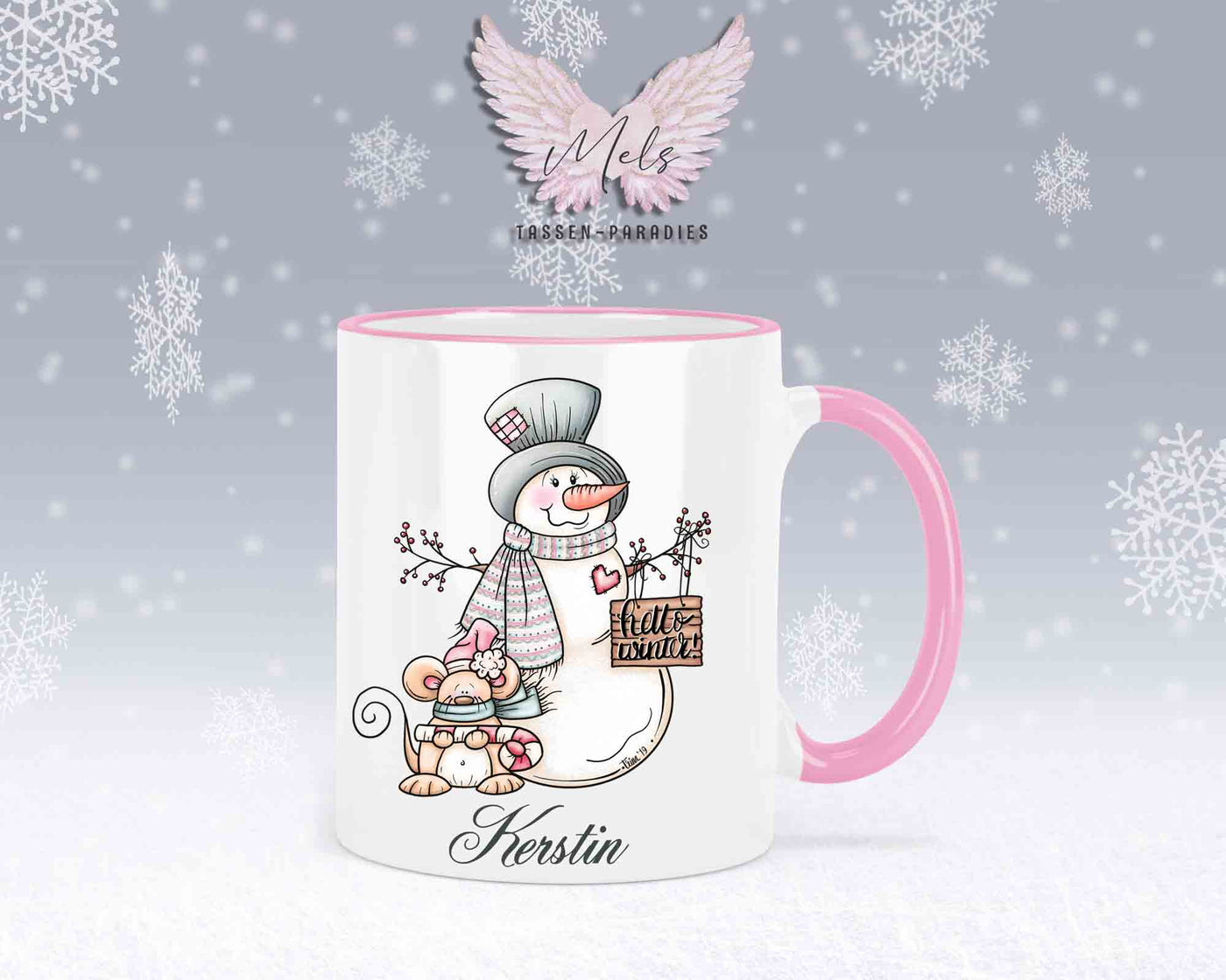 Tasse mit Schneemann und süßer Maus – mit oder ohne Wunschname