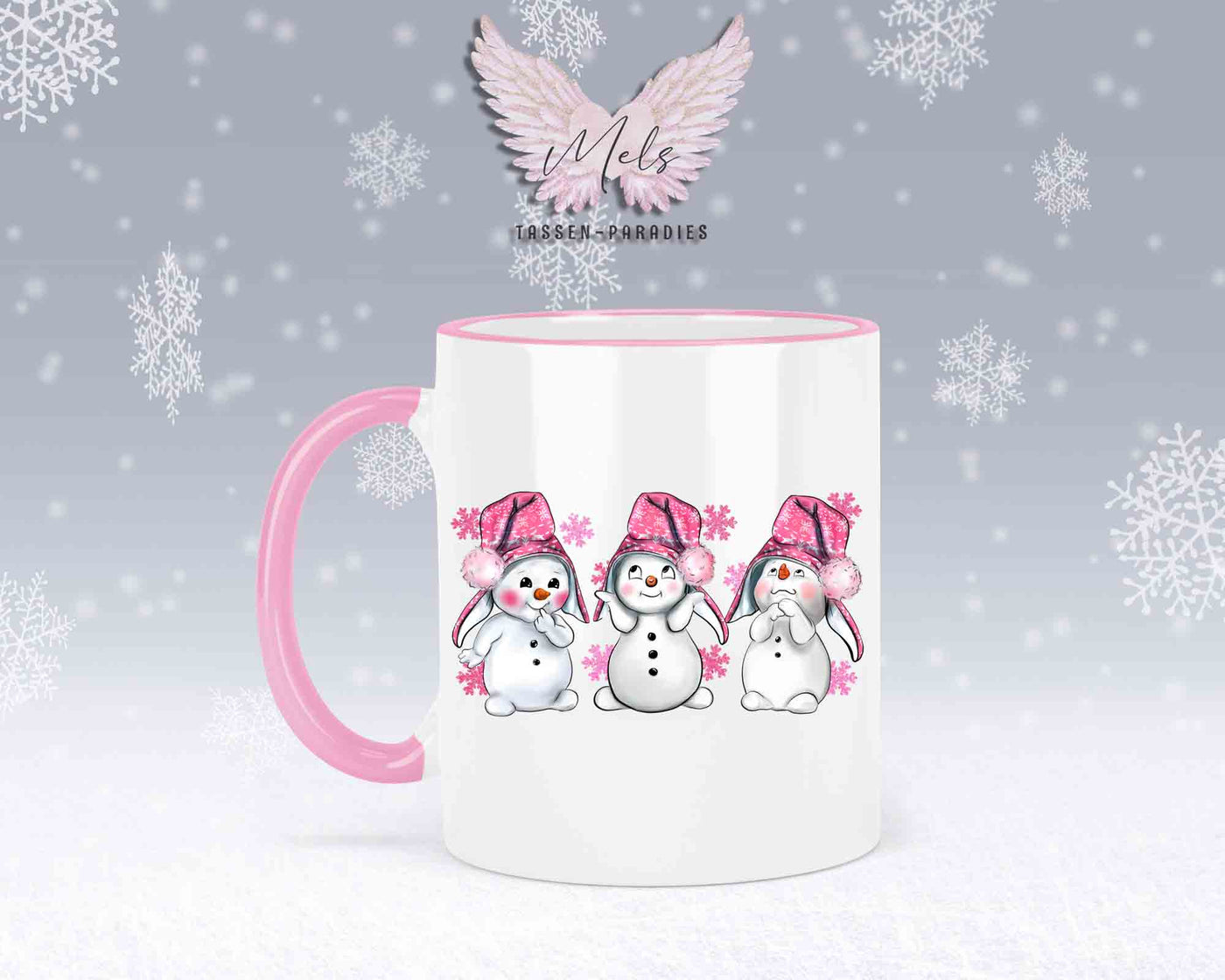 Tasse mit süßen Schneemänner mit rosa Mütze– mit oder ohne Wunschname