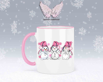 Tasse mit süßen Schneemänner mit rosa Mütze– mit oder ohne Wunschname