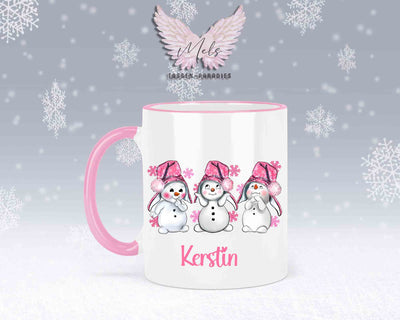 Tasse mit süßen Schneemänner mit rosa Mütze– mit oder ohne Wunschname