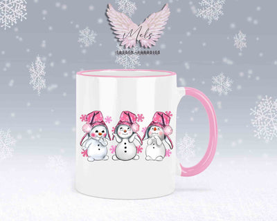 Tasse mit süßen Schneemänner mit rosa Mütze– mit oder ohne Wunschname