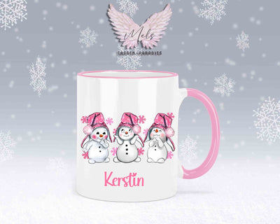 Tasse mit süßen Schneemänner mit rosa Mütze– mit oder ohne Wunschname