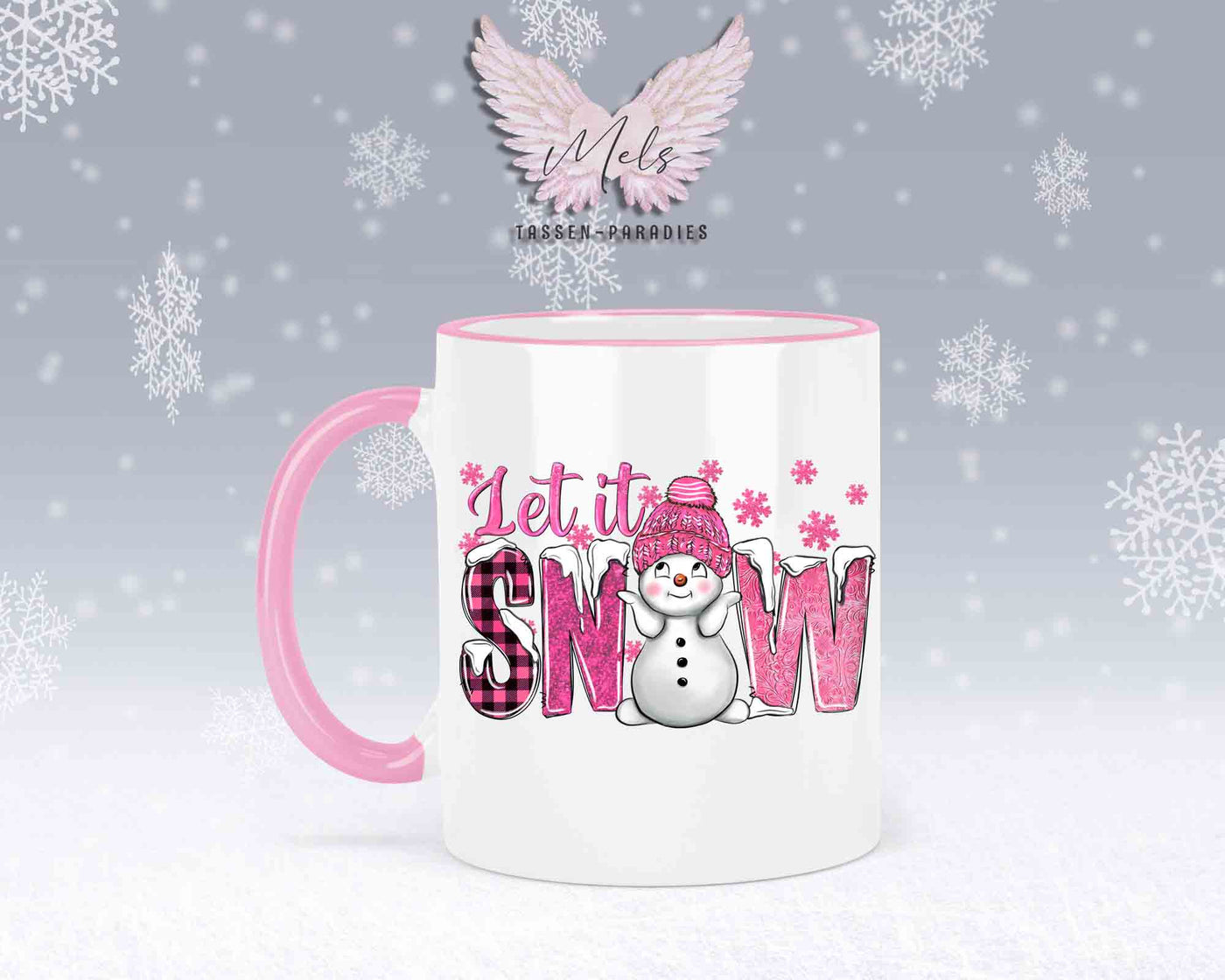 Tasse mit süßen Schneemann Lets Snow Rosa– mit oder ohne Wunschname