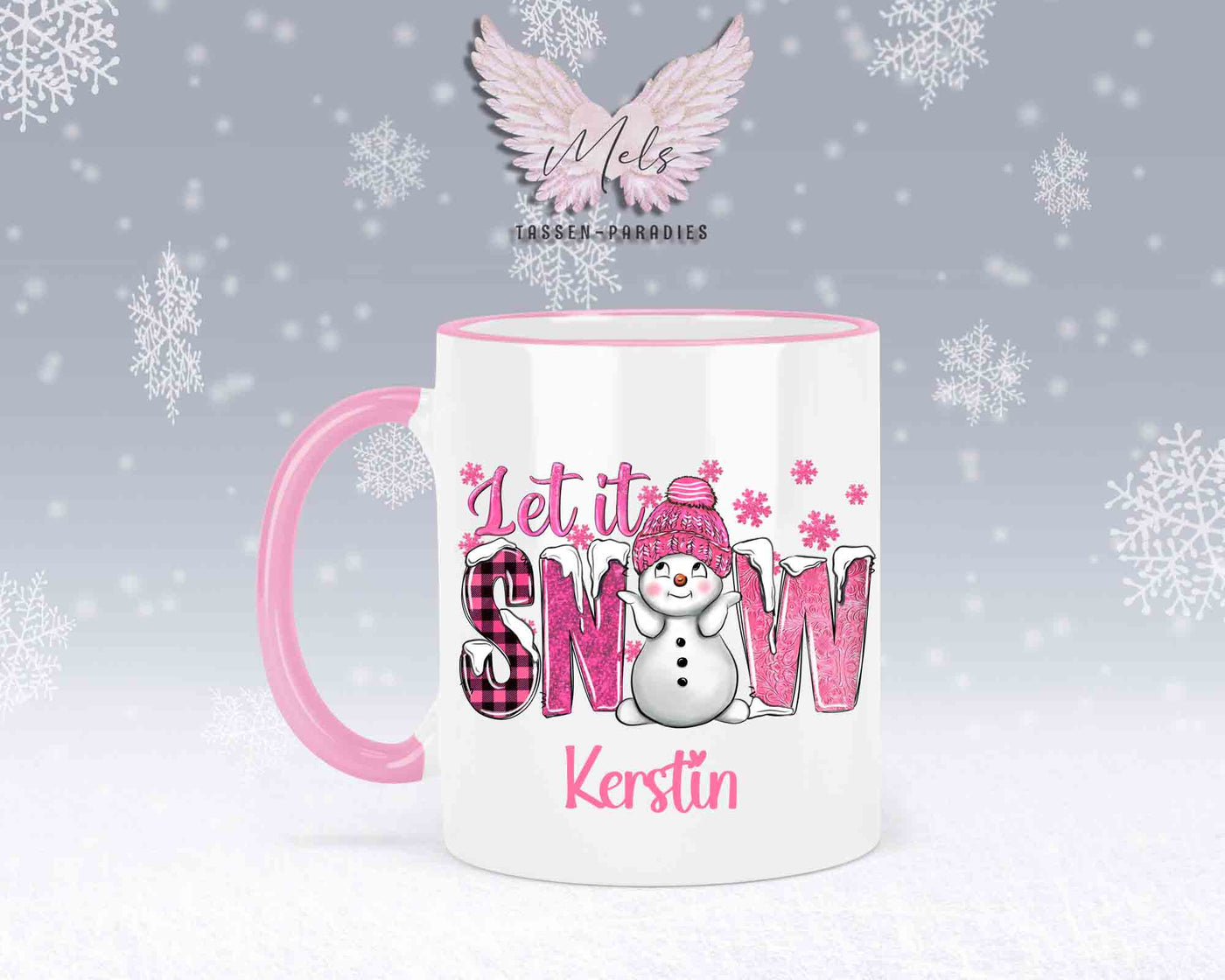Tasse mit süßen Schneemann Lets Snow Rosa– mit oder ohne Wunschname