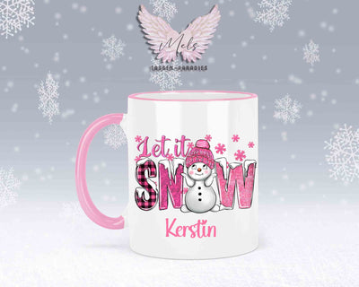 Tasse mit süßen Schneemann Lets Snow Rosa– mit oder ohne Wunschname