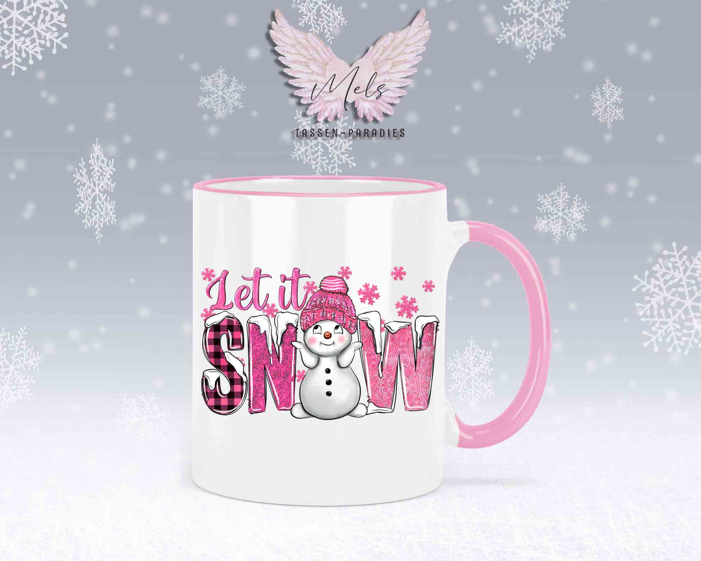 Tasse mit süßen Schneemann Lets Snow Rosa– mit oder ohne Wunschname