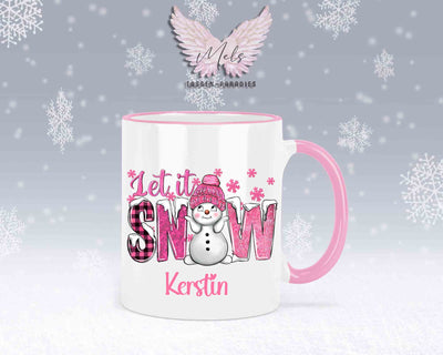 Tasse mit süßen Schneemann Lets Snow Rosa– mit oder ohne Wunschname