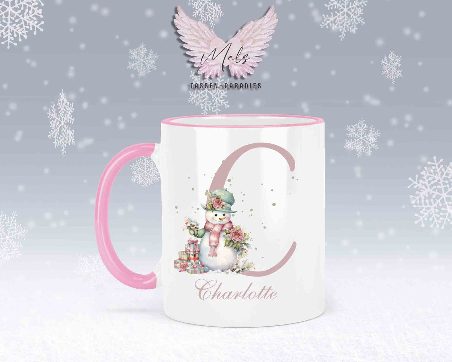 Schneemann Rosa-Alphabet mit Name - Personalisierte Keramik-Tasse Rosa 2