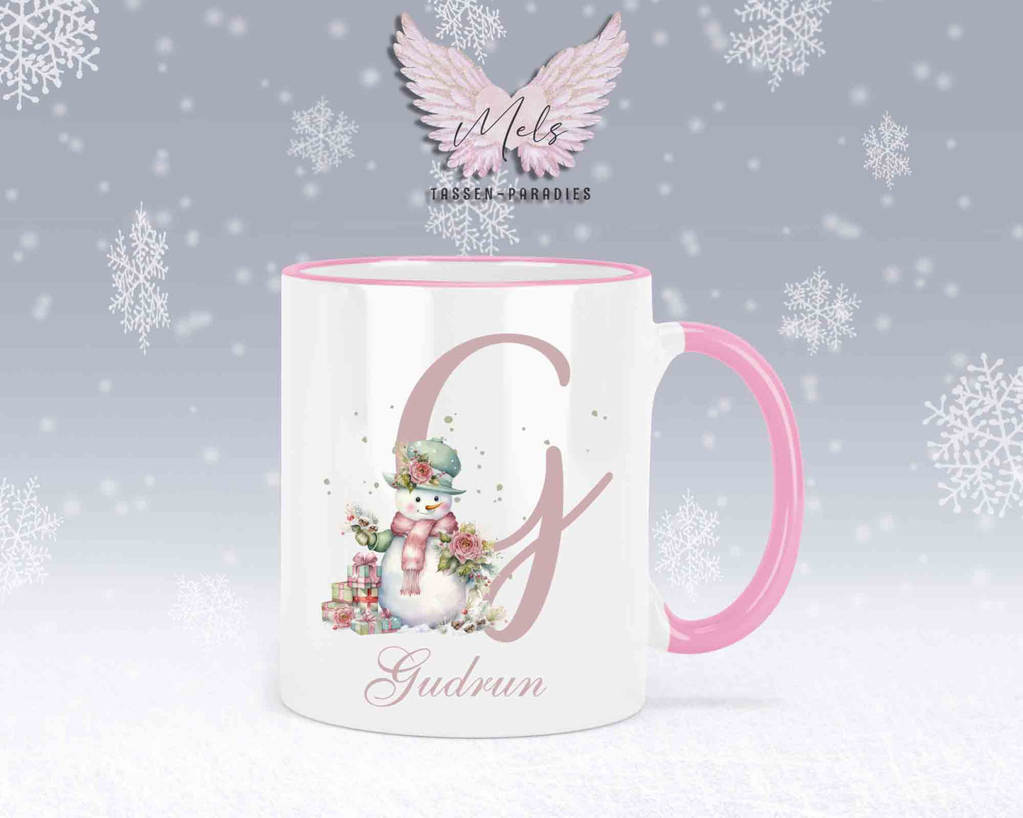 Schneemann Rosa-Alphabet mit Name - Personalisierte Keramik-Tasse Rosa 2