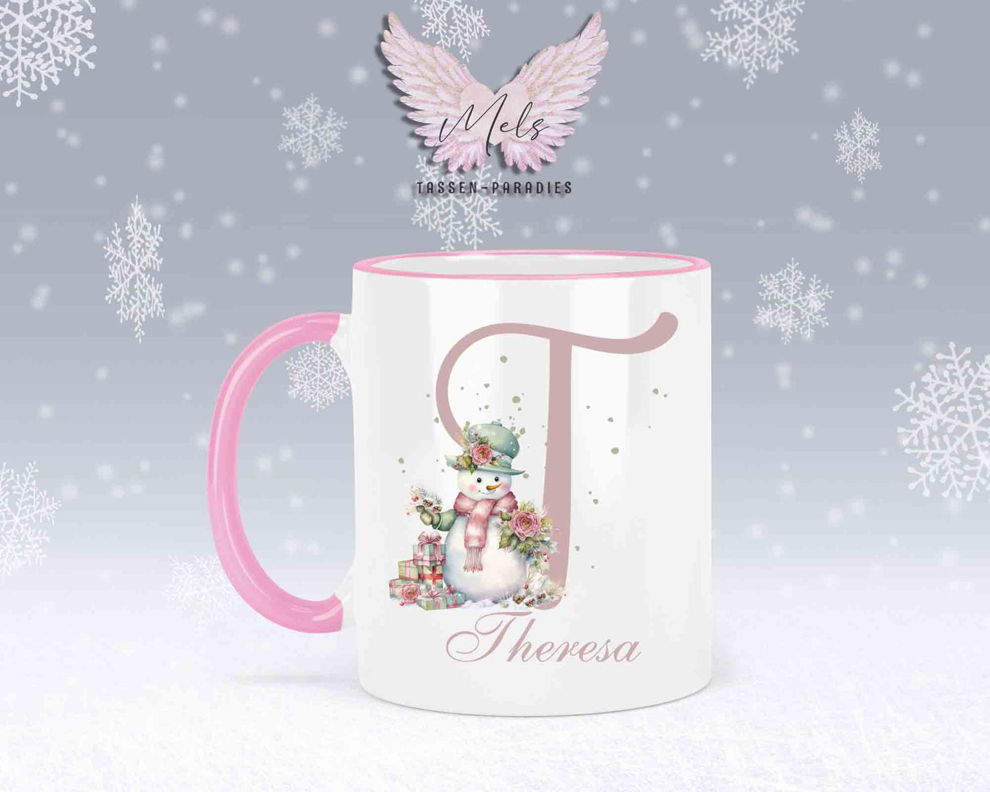 Schneemann Rosa-Alphabet mit Name - Personalisierte Keramik-Tasse Rosa 2