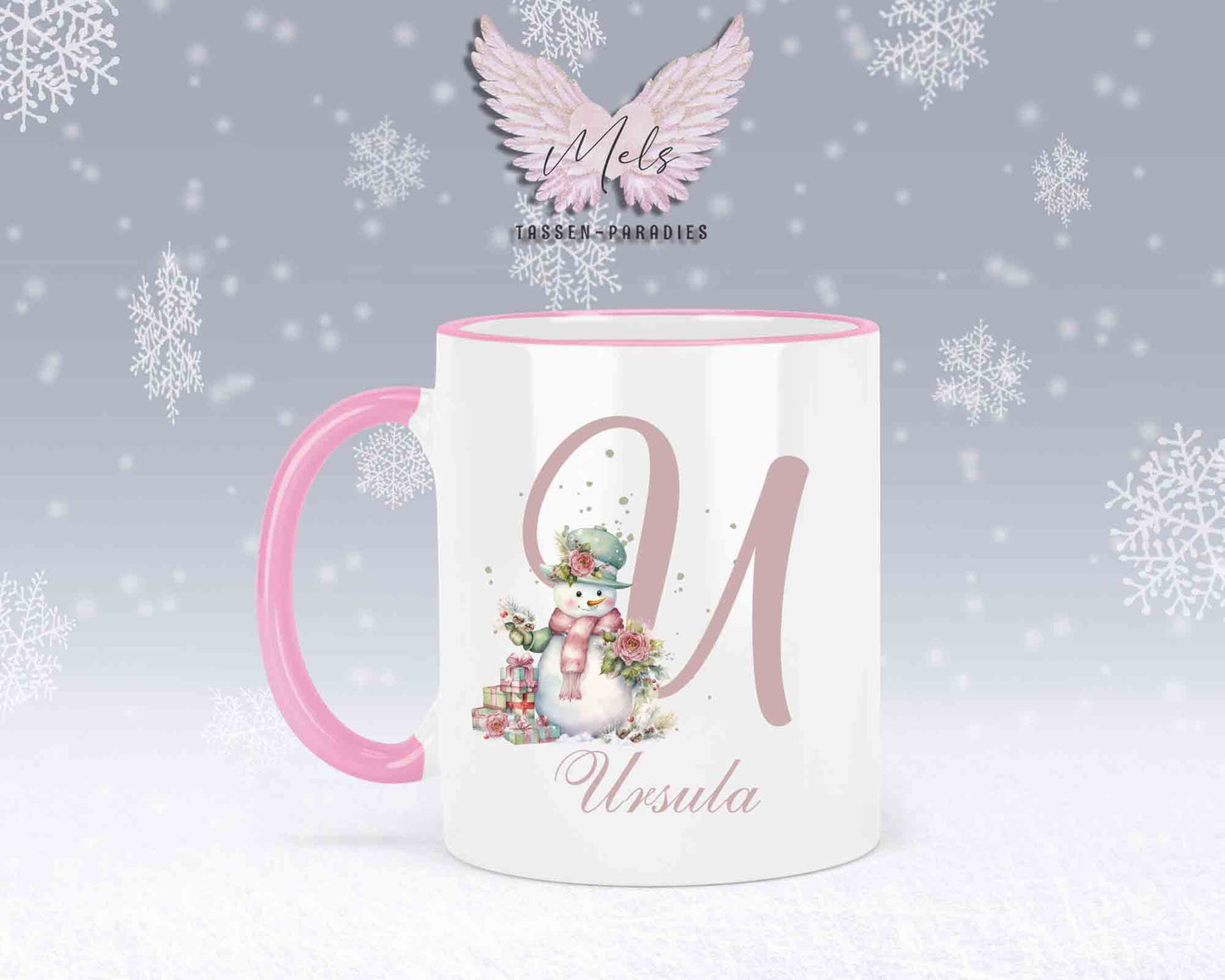 Schneemann Rosa-Alphabet mit Name - Personalisierte Keramik-Tasse Rosa 2