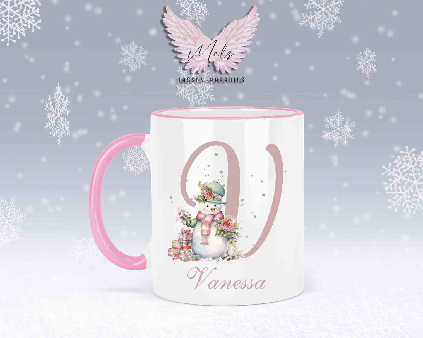 Schneemann Rosa-Alphabet mit Name - Personalisierte Keramik-Tasse Rosa 2