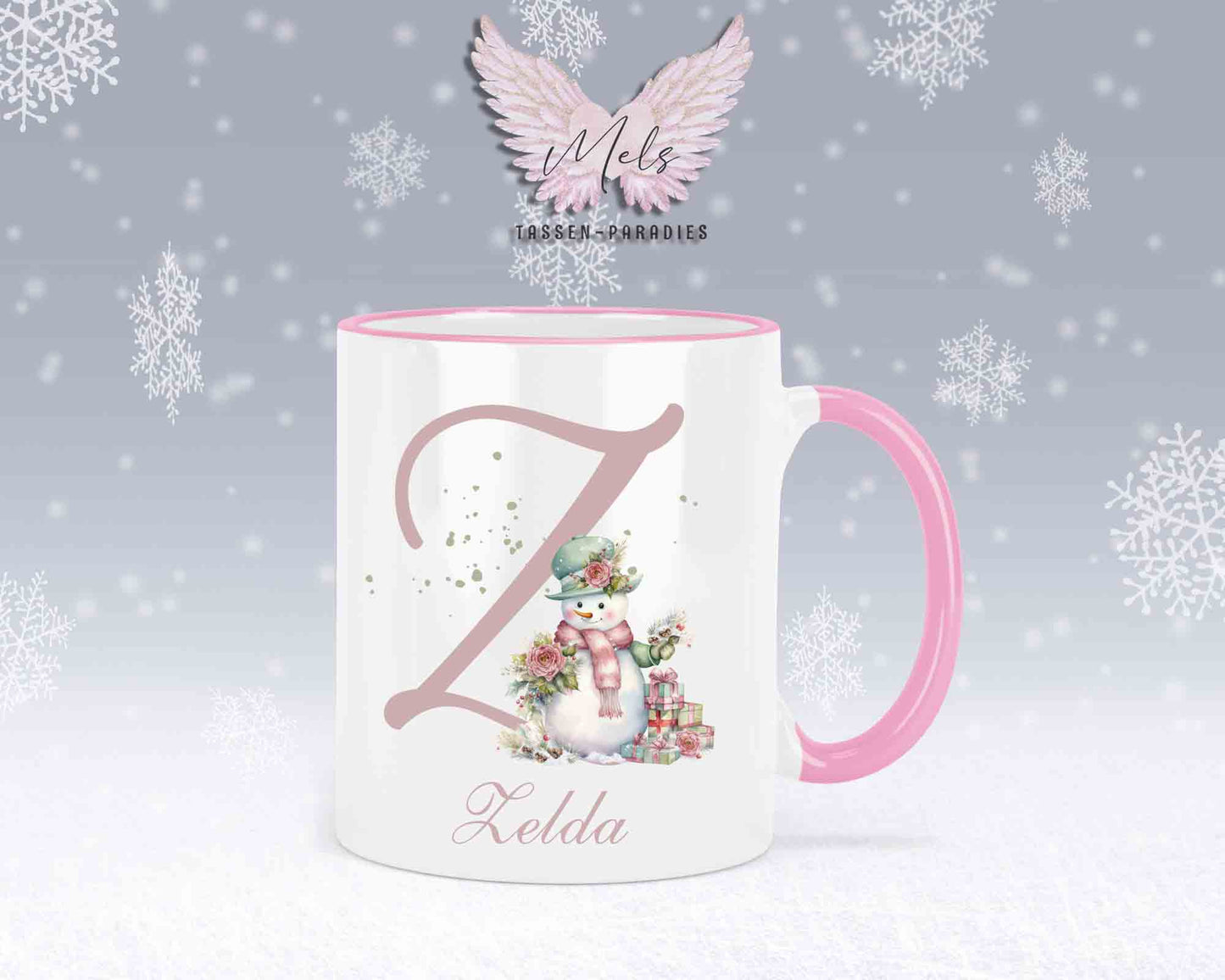 Schneemann Rosa-Alphabet mit Name - Personalisierte Keramik-Tasse Rosa 2