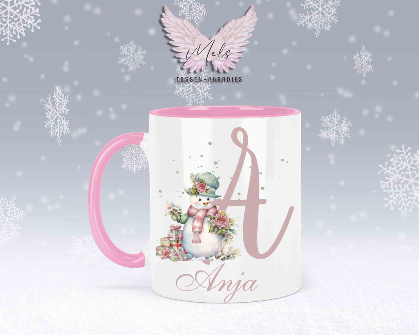 Schneemann Rosa-Alphabet mit Name - Personalisierte Keramik-Tasse Rosa