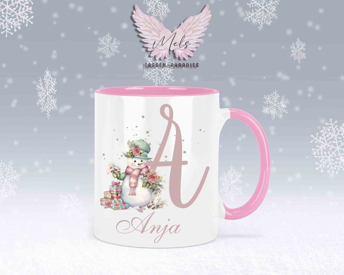 Schneemann Rosa-Alphabet mit Name - Personalisierte Keramik-Tasse Rosa