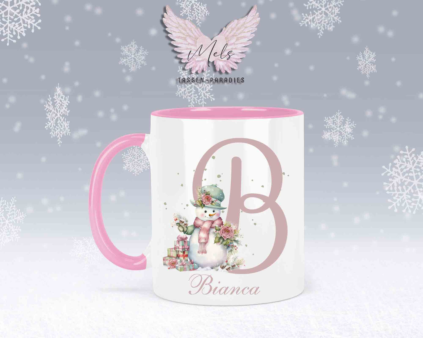 Schneemann Rosa-Alphabet mit Name - Personalisierte Keramik-Tasse Rosa