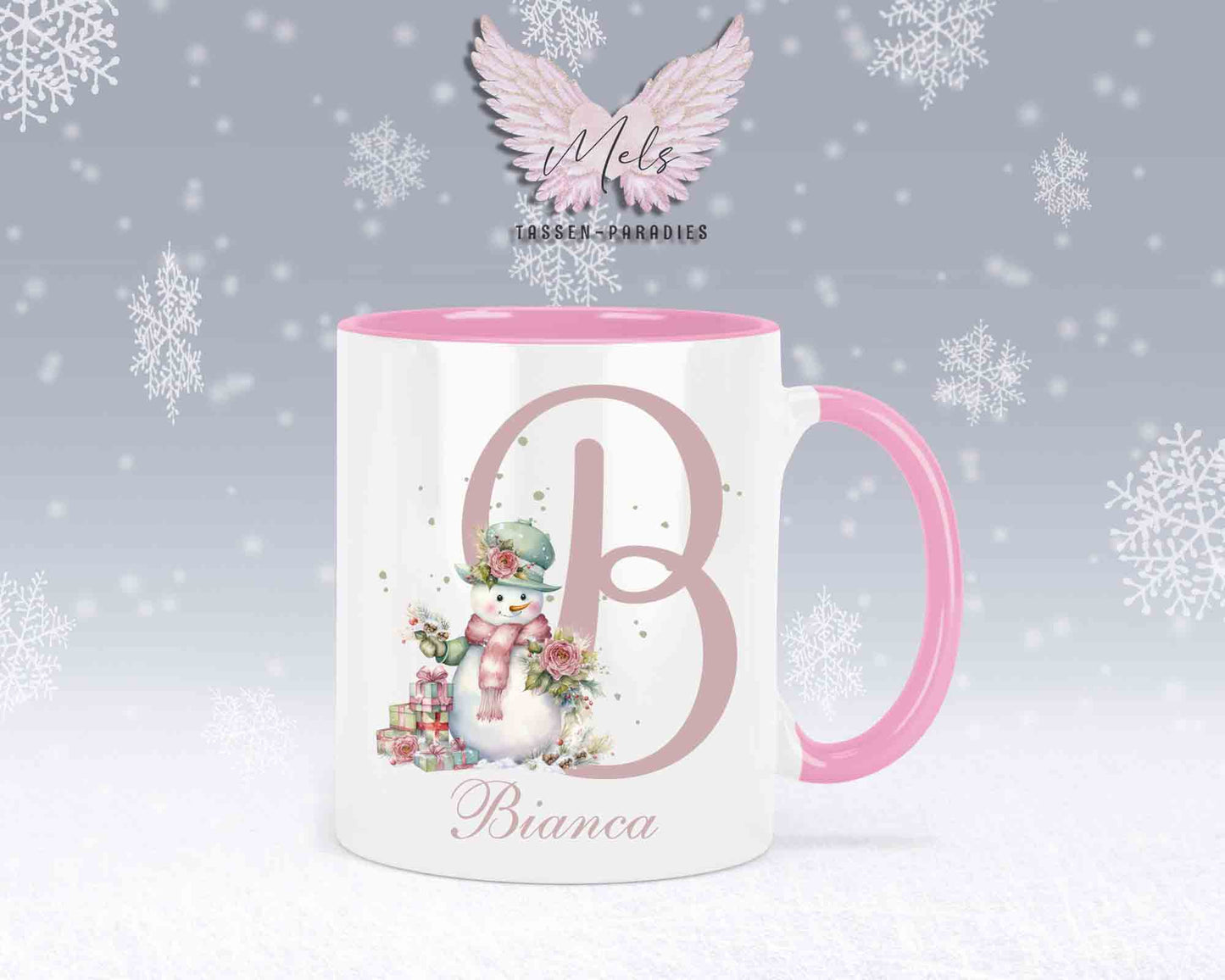 Schneemann Rosa-Alphabet mit Name - Personalisierte Keramik-Tasse Rosa