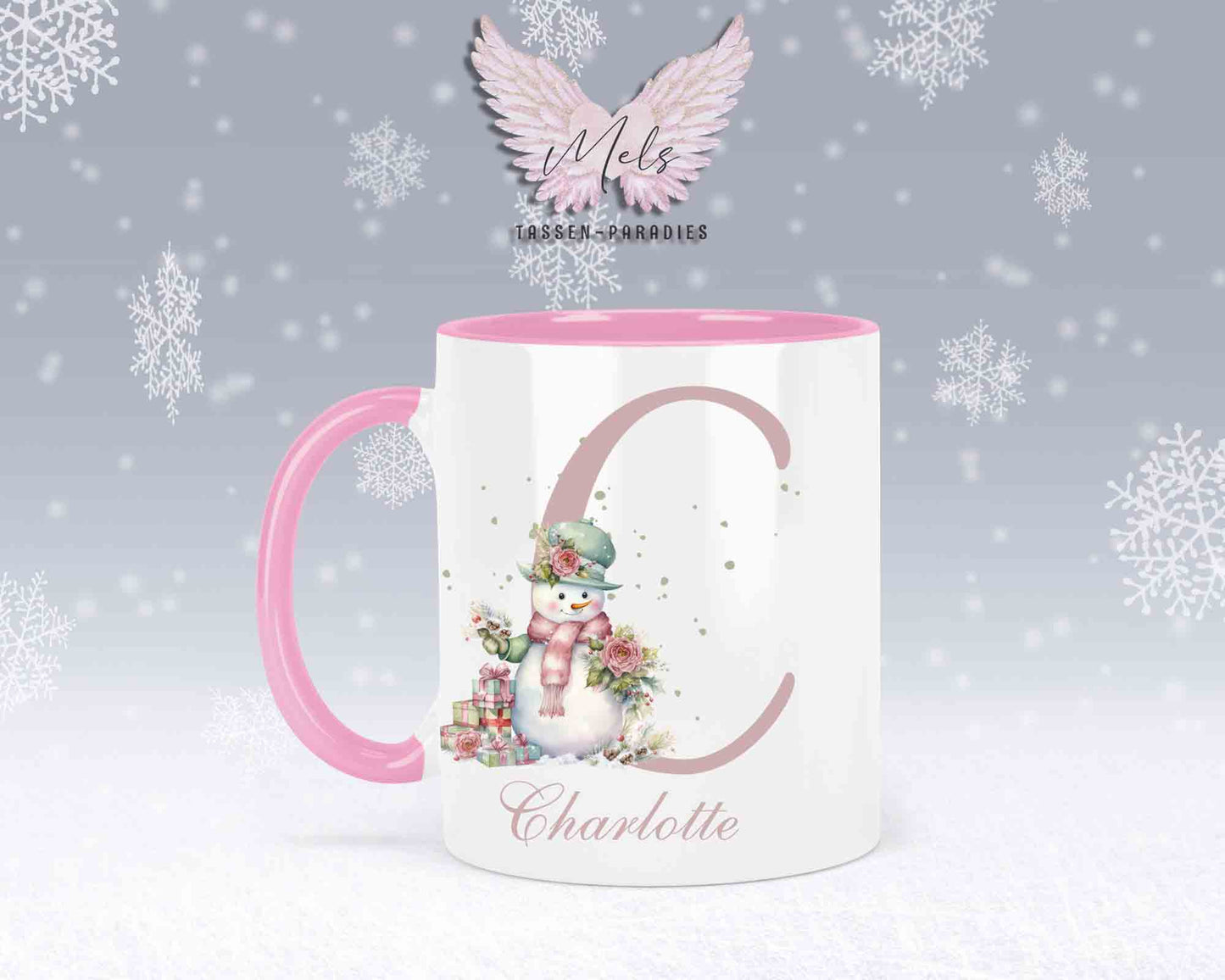 Schneemann Rosa-Alphabet mit Name - Personalisierte Keramik-Tasse Rosa