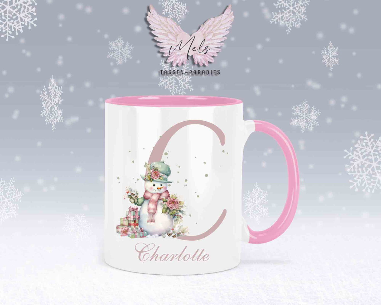 Schneemann Rosa-Alphabet mit Name - Personalisierte Keramik-Tasse Rosa