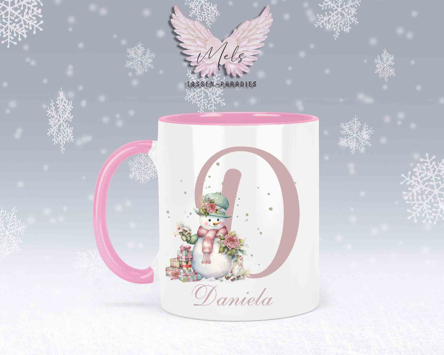 Schneemann Rosa-Alphabet mit Name - Personalisierte Keramik-Tasse Rosa