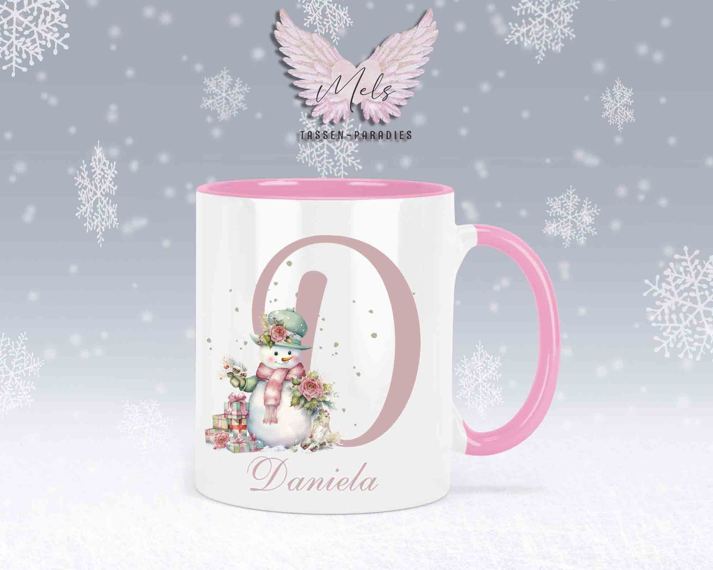 Schneemann Rosa-Alphabet mit Name - Personalisierte Keramik-Tasse Rosa