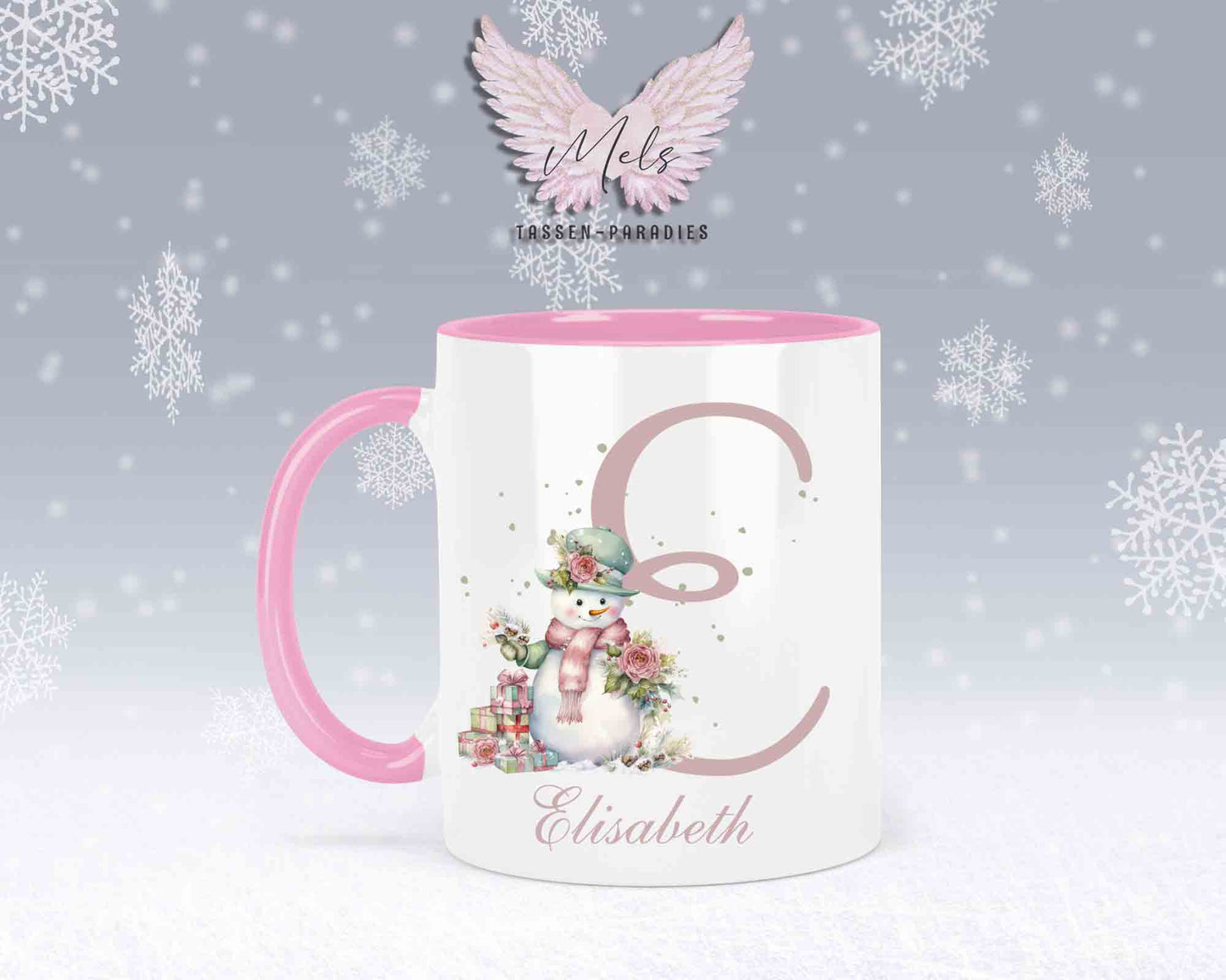 Schneemann Rosa-Alphabet mit Name - Personalisierte Keramik-Tasse Rosa