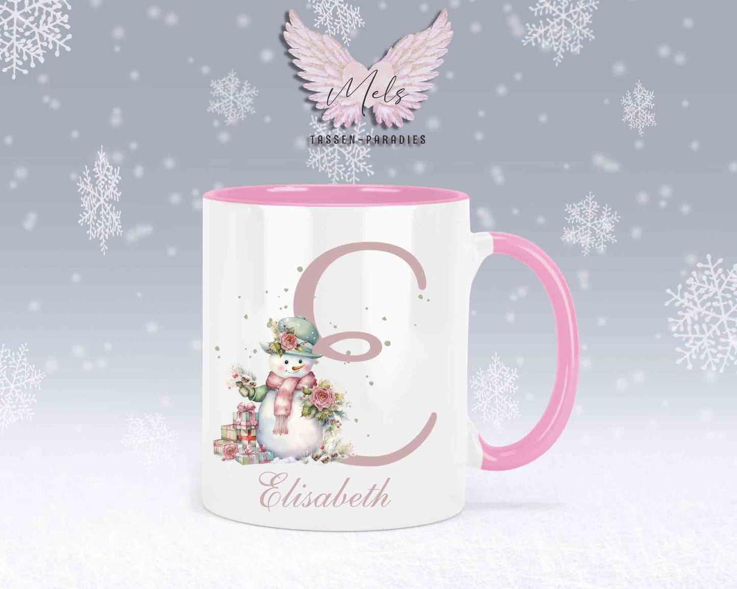 Schneemann Rosa-Alphabet mit Name - Personalisierte Keramik-Tasse Rosa