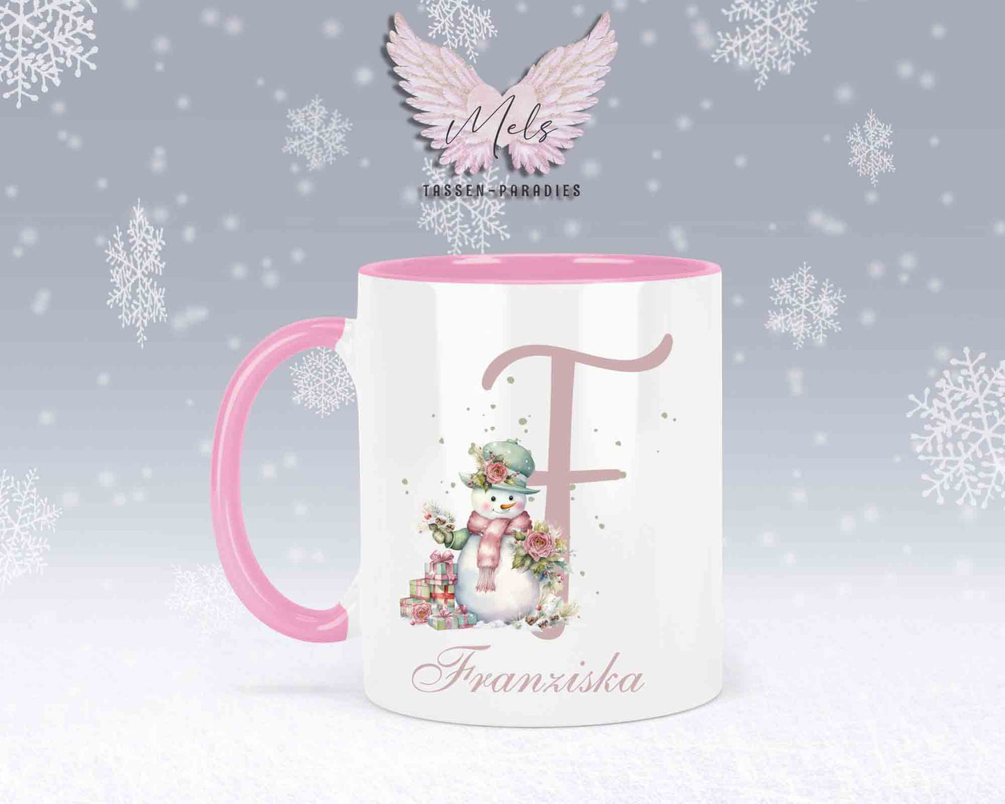 Schneemann Rosa-Alphabet mit Name - Personalisierte Keramik-Tasse Rosa