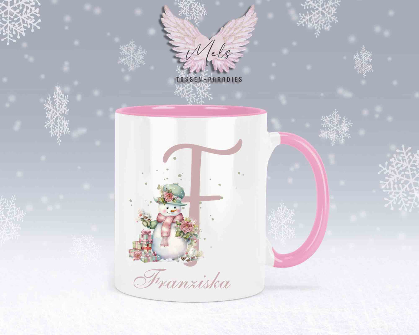 Schneemann Rosa-Alphabet mit Name - Personalisierte Keramik-Tasse Rosa