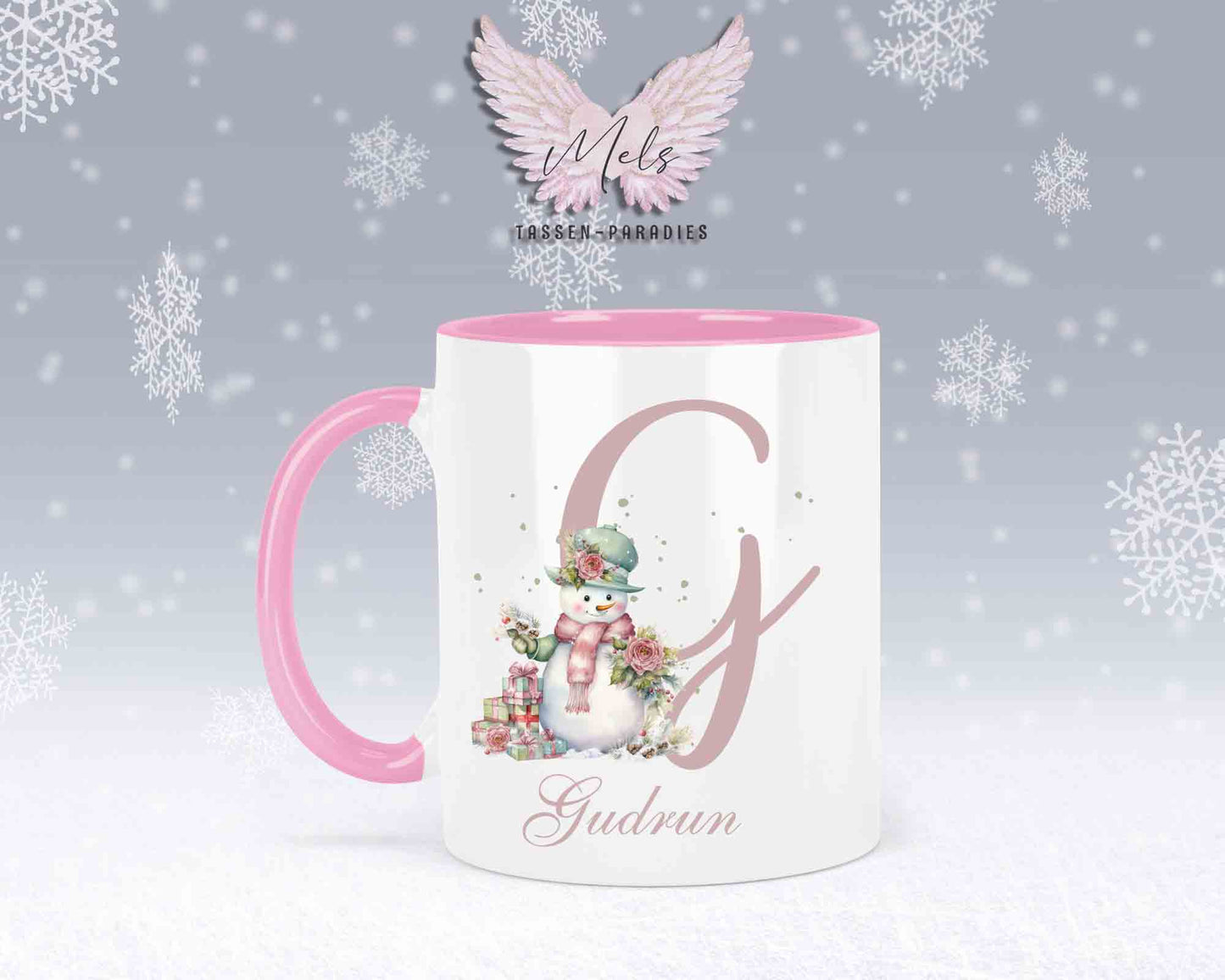 Schneemann Rosa-Alphabet mit Name - Personalisierte Keramik-Tasse Rosa