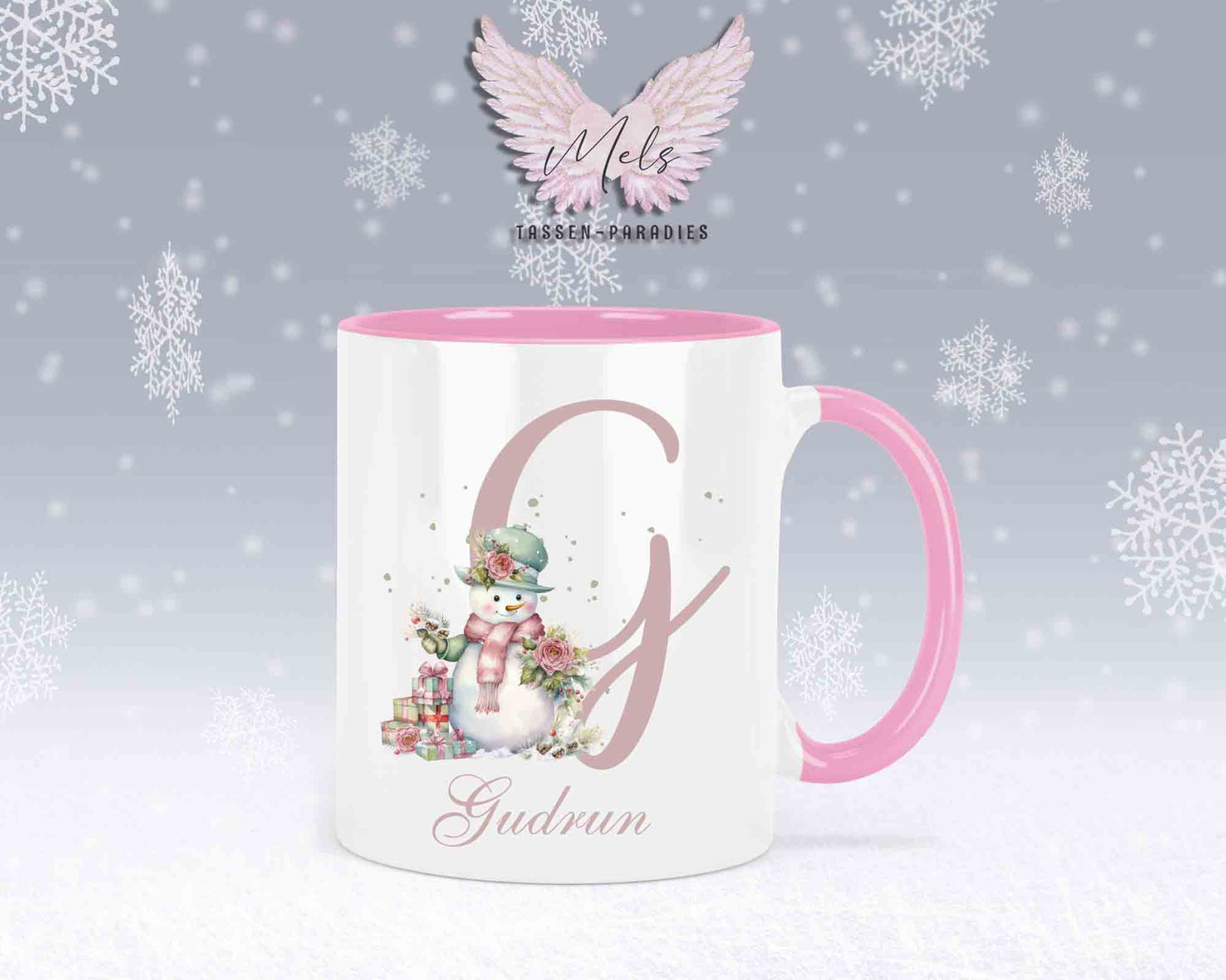 Schneemann Rosa-Alphabet mit Name - Personalisierte Keramik-Tasse Rosa