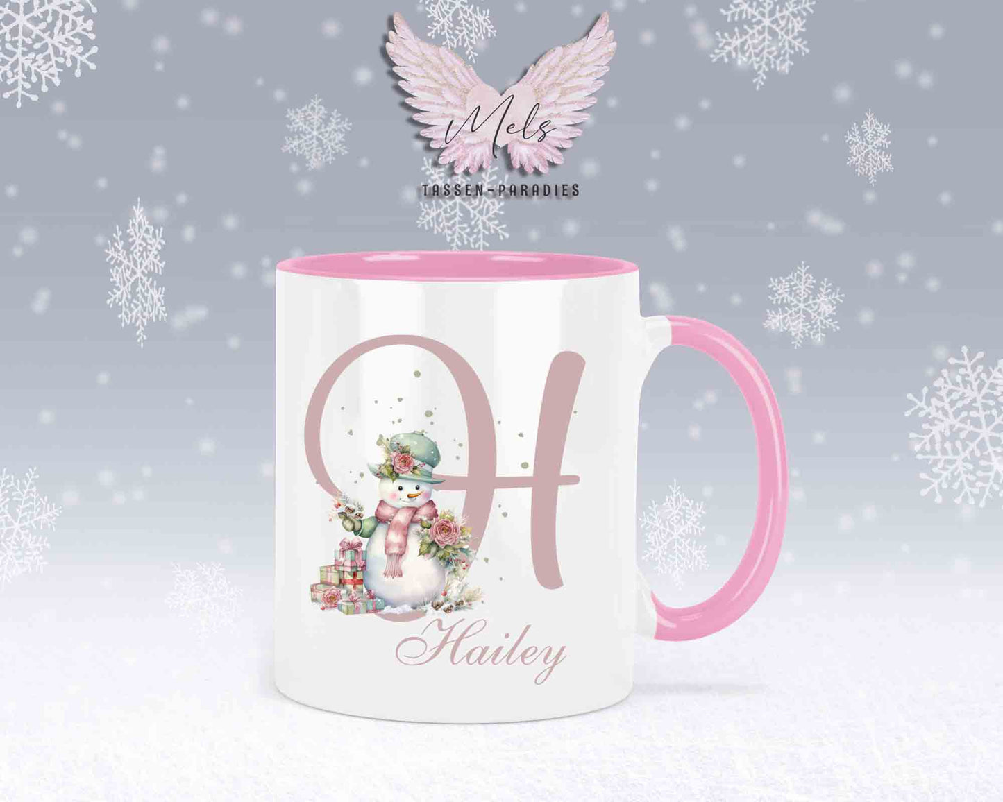 Schneemann Rosa-Alphabet mit Name - Personalisierte Keramik-Tasse Rosa